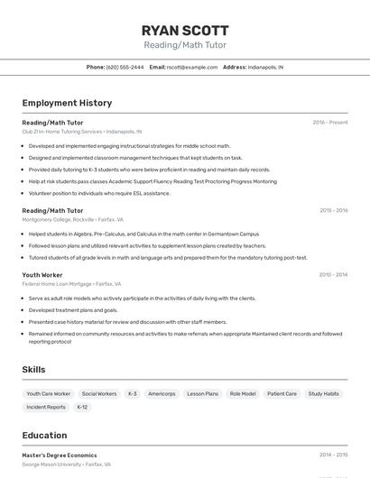 Reading/Math Tutor Resume