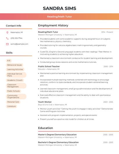 Reading/Math Tutor Resume