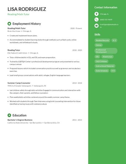 Reading/Math Tutor Resume