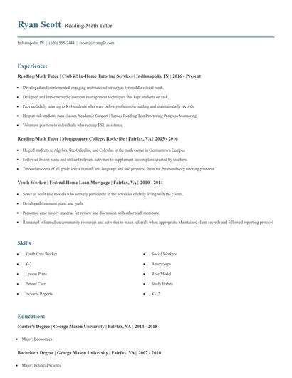 Reading/Math Tutor Resume