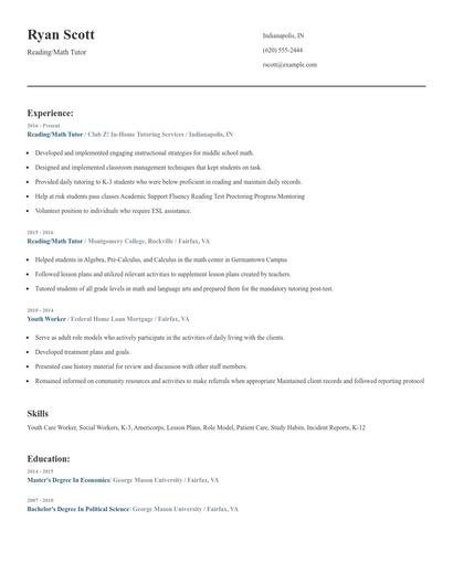 Reading/Math Tutor Resume