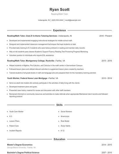 Reading/Math Tutor Resume