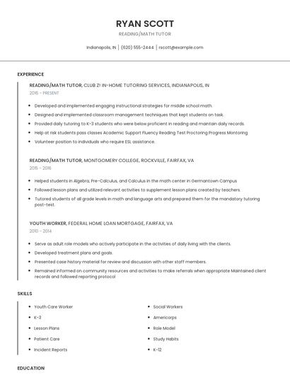 Reading/Math Tutor Resume