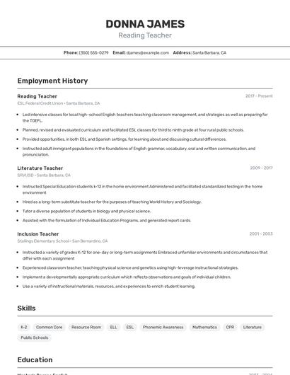 Reading Teacher Resume