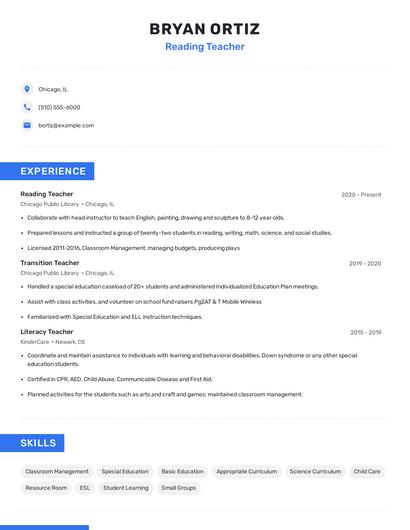 Reading Teacher Resume