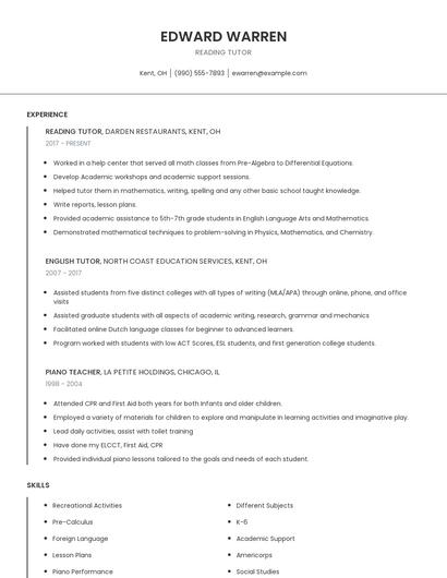 Reading Tutor Resume