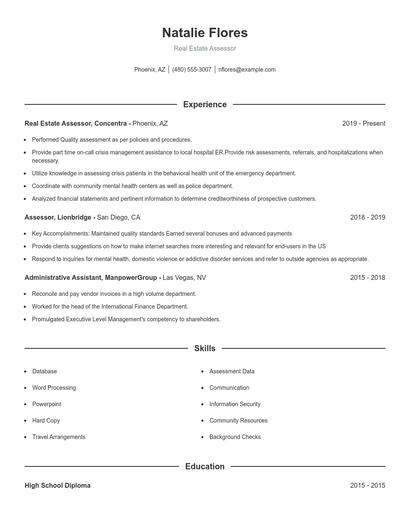 Real Estate Assessor Resume