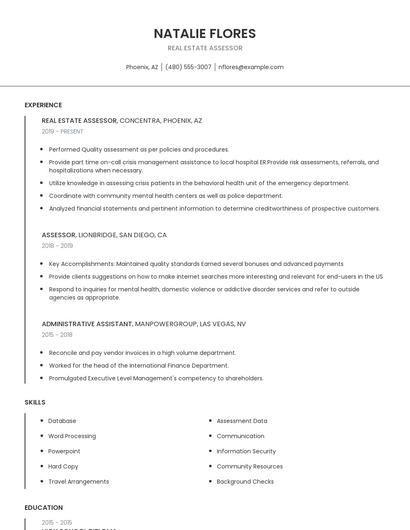 Real Estate Assessor Resume