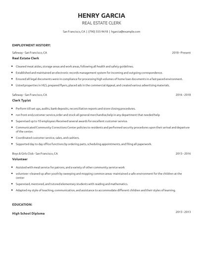Real Estate Clerk Resume