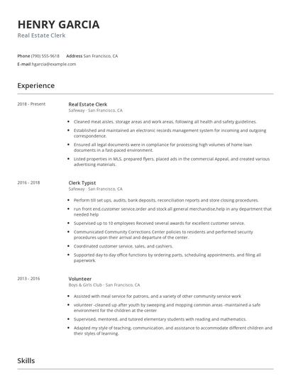Real Estate Clerk Resume