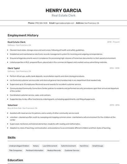 Real Estate Clerk Resume