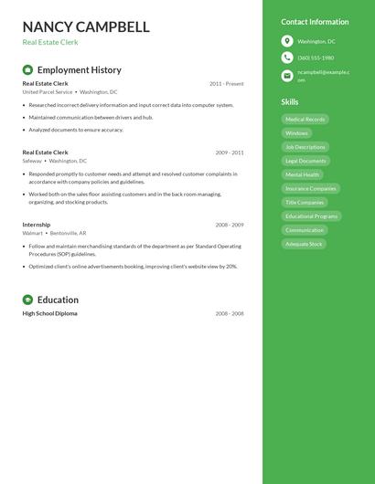 Real Estate Clerk Resume
