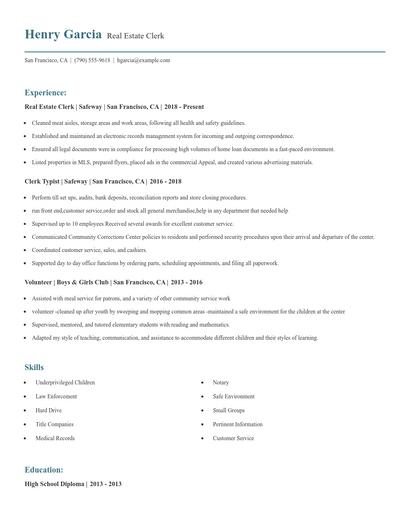 Real Estate Clerk Resume
