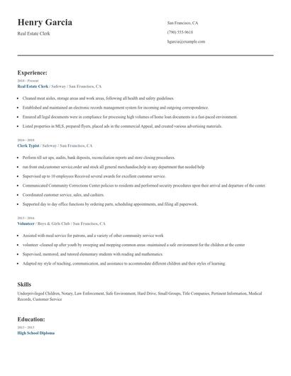 Real Estate Clerk Resume