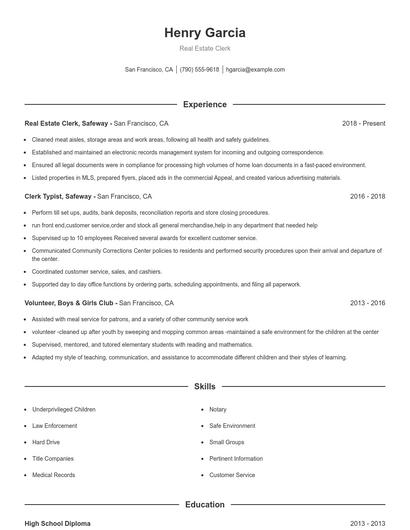 Real Estate Clerk Resume