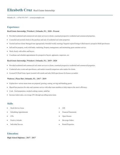 Real Estate Internship Resume
