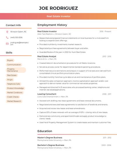 Real Estate Investor Resume