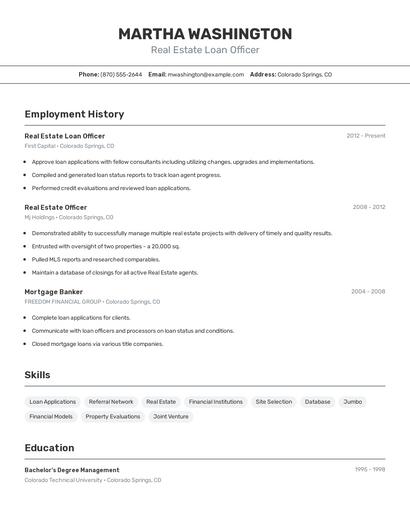 Real Estate Loan Officer Resume