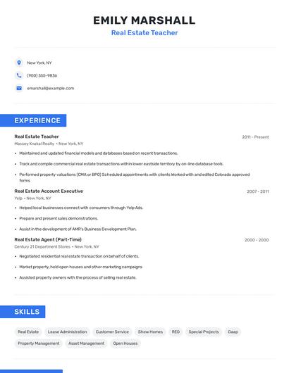 Real Estate Teacher Resume