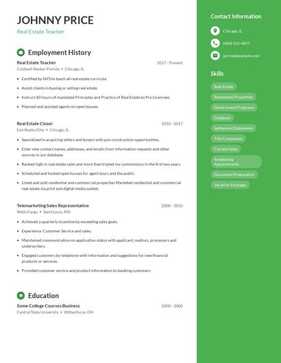 Real Estate Teacher Resume