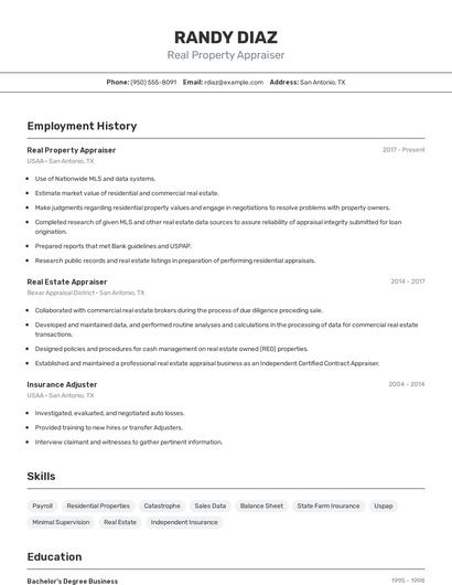 Real Property Appraiser Resume