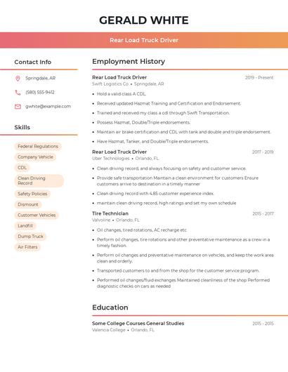 Rear Load Truck Driver Resume