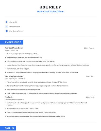 Rear Load Truck Driver Resume