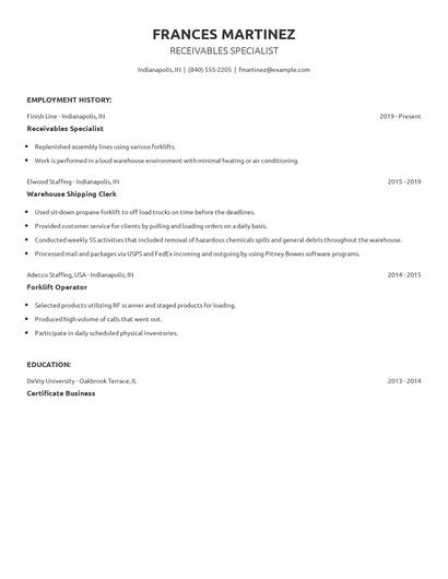 Receivables Specialist Resume