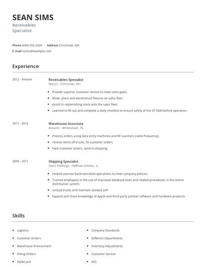 Receivables Specialist Resume