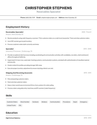 Receivables Specialist Resume