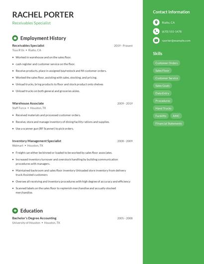 Receivables Specialist Resume