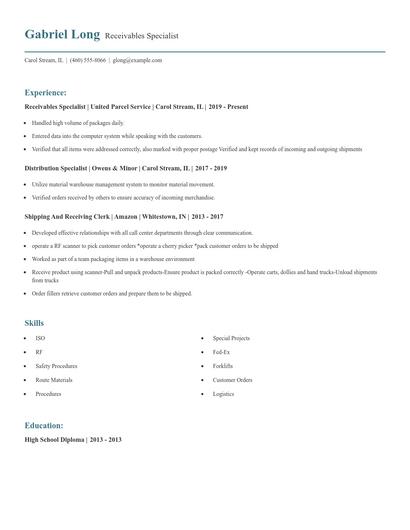 Receivables Specialist Resume