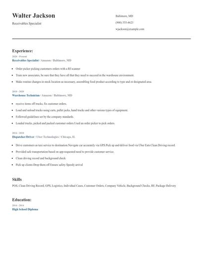 Receivables Specialist Resume