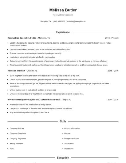 Receivables Specialist Resume