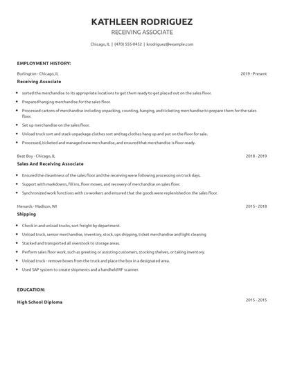 Receiving Associate Resume