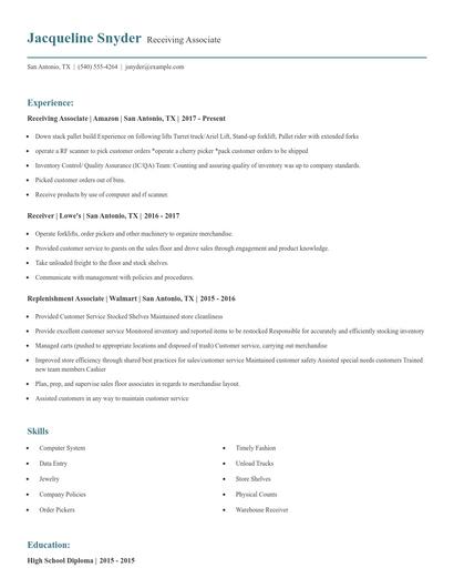 Receiving Associate Resume