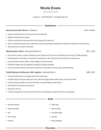 Receiving Associate Resume