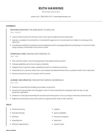 Receiving Associate Resume