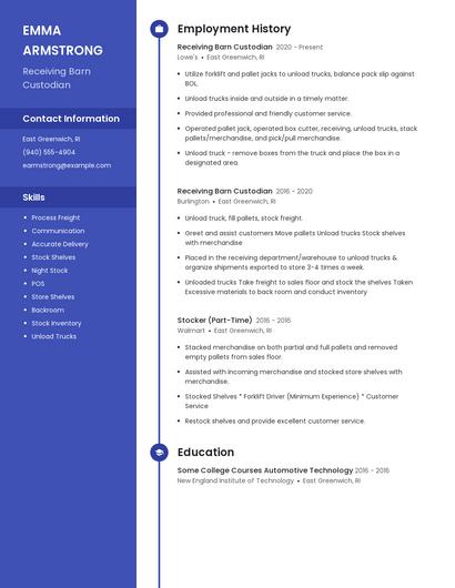 Receiving Barn Custodian Resume