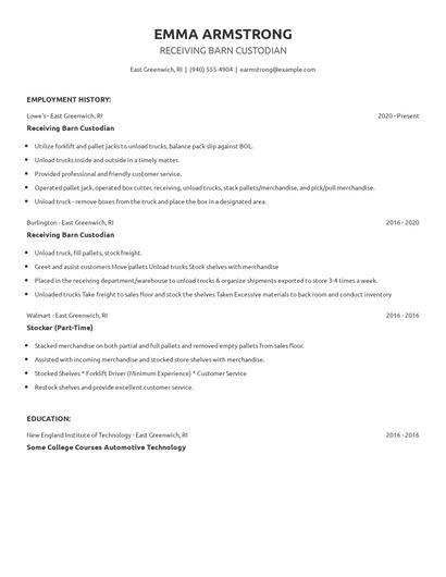 Receiving Barn Custodian Resume