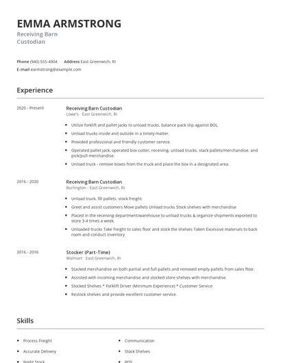 Receiving Barn Custodian Resume