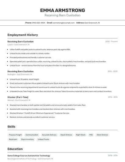 Receiving Barn Custodian Resume