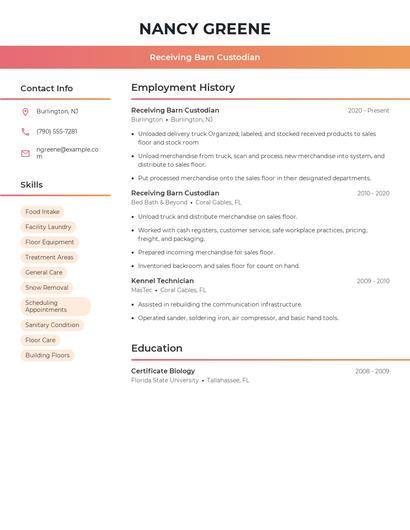 Receiving Barn Custodian Resume