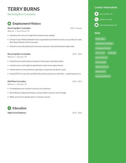 Receiving Barn Custodian Resume