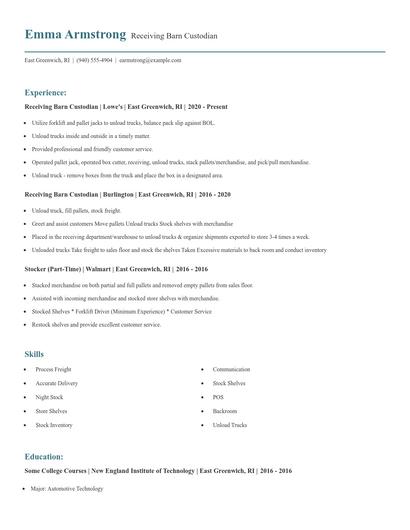 Receiving Barn Custodian Resume