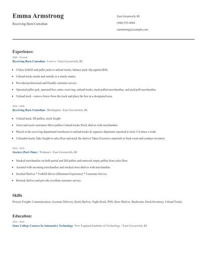 Receiving Barn Custodian Resume