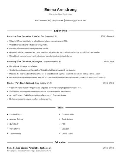 Receiving Barn Custodian Resume