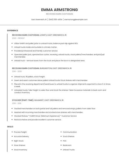 Receiving Barn Custodian Resume