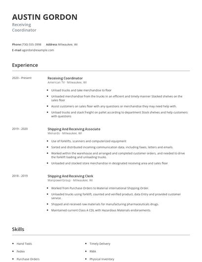 Receiving Coordinator Resume