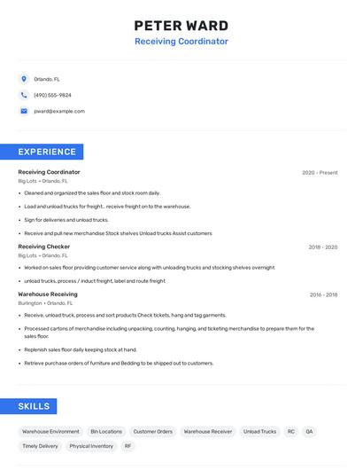 Receiving Coordinator Resume